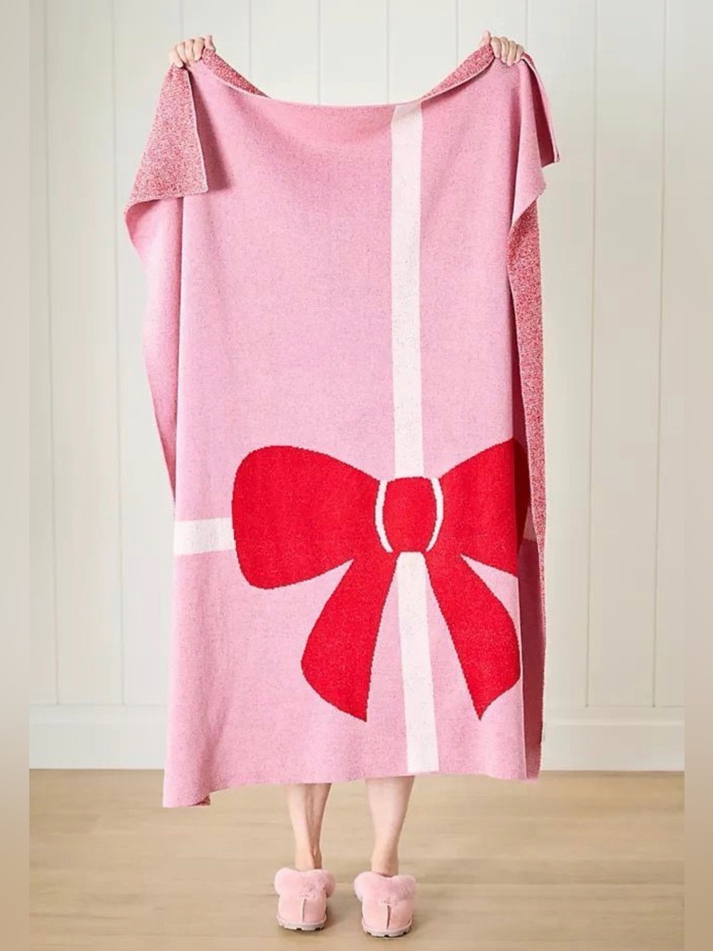 Anthropologie Bonnie Jacquard Knit Throw Blanket Pink Red Bow NWT Sold Out